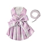 Dog Dress Harness and Leash Set, Plaid 3D Bow Dress Leash with Ring for Small Dog Cat Puppy Summer Clothes (Pink, M)