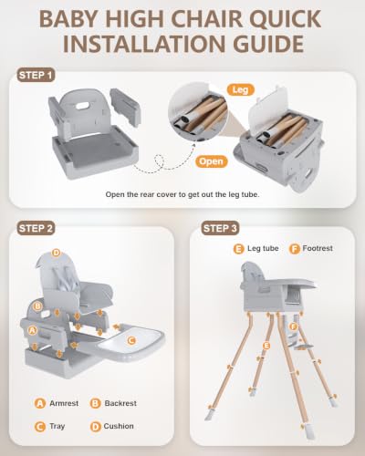 Image of Baby High Chair for 6 Months+, Foldable High Chairs for Babies and Toddlers, Convertible High Chair, Adjustable Tray & Footrest, Portable High Chair & Easy to Clean(Grey with Wood Grain)