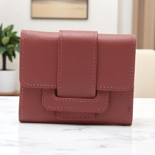 1Pcs Simple Wallet 3-Fold Solid Drawstring Card Case PU Leather Deep Pink 11x9cm