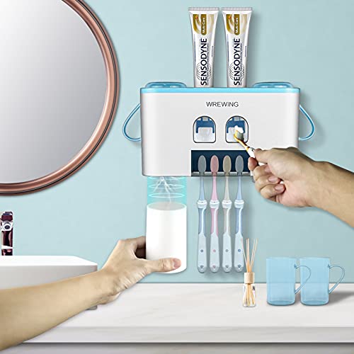 Toothbrush Holder, Wekity Toothbrush Holder Wall Mounted For Bathroom, Multifunctional Toothbrush And Toothpaste Holder With 4 Toothbrush Slots, 2 Toothpaste Dispenser, And 4 Cups With Handle (Blue) #TOP2