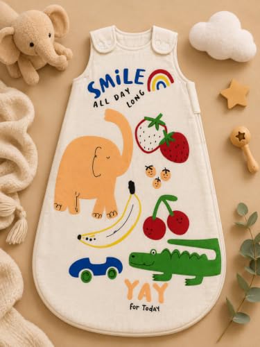 Image of TuddyBuddy Baby Cotton Wearable Quilted Sleeping Bag Blanket 1.5 Tog with 1 Way Zipper Closure | Ideal for Babies & Kids Hypoallergenic Fabrics | (Smiley Elephant - Beige, 18-24 Months)