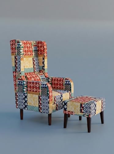 Image of WELL KNOWN Wooden Wing Chair with Ottoman Stool | Wingback for Living Room | High Density Foam | Accent Chair for Seating, Home Decor Furniture | (Marwadi Print, with Ottoman)