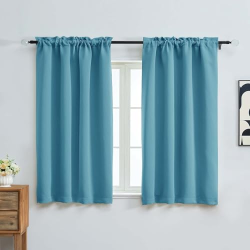 Image of Turquoise Short Blackout Curtains for Bedroom 54 Inches Long 2 Panels, Modern Window Treatment Solid Thermal Insulated Curtains for Living Room, Dual Rod Pocket Blackout Drapes, 2x40Wx54L Inches