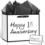 TagreSpike 1st Anniversary Paper Gift Bag with Tissue Paper and Card - Large Happy 1st Anniversary Wrapping Bag - Black and White Paper Anniversary Party Supplies for Husband Wife Couple