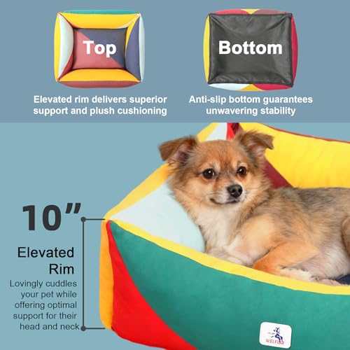 Image of Cotton Canvas Dog Bed, Cute Dog Bed Medium Size Dog, Puppy Bed with Washable Removable Cover, Durable 290 GSM Cotton Anti-Chewing Pet Bed with Anti-Slip Bottom (30 inchx25 inchx10 inch, Red&Yellow&Green)