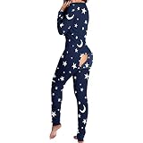 Michellecmm Women Butt Button Back Flap Jumpsuit Pajamas V-Neck Button Down Long Sleeve One Piece Bodysuit Rompers Sleepwear (Ba Navy Star Moon, L)