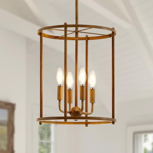 4 Light Chandelier,Farmhouse Ceiling Light Wood Grain Lantern Light Fixtures