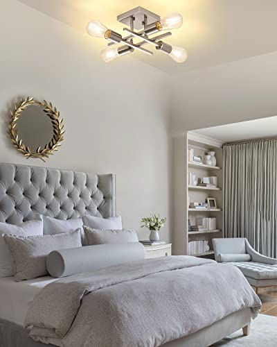 Eietonte Industrial 4-Light Semi Flush Mount Ceiling Light Fixture, Modern Brushed Nickel Chandelier Lighting, Farmhouse E26 Base Sputnik Ceiling Lamp For Kitchen Bedroom Living Room Entryway, 2 Pack #TOP3