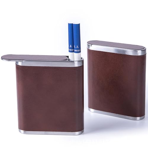 Cigarette Case Push Switch Cigarette Holder Case for Men Women, Cigarettes Smoking Accessories, Stainless Steel + PU Leather Box for Smoke (Coffee)