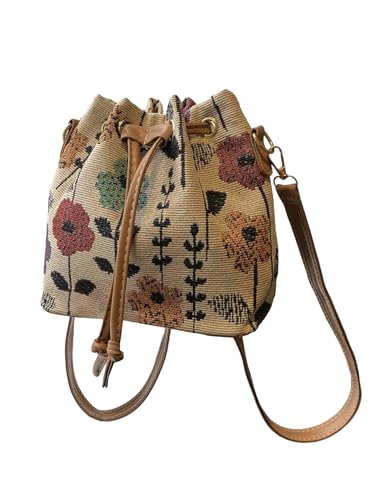 SweatyRocks Women's Floral Print Canvas Bucket Bag Drawstring Mini Crossbody Purses