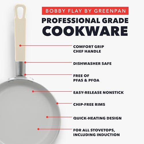 GreenPan x Bobby Flay 13 Piece Nonstick Cookware Pots and Pans Set, PFAS-Free Diamond Ceramic, Induction Suitable, Easy Clean Dishwasher & Oven Safe, Stay-Cool Silicone Handles, Glass Lids, Cream - Image 4