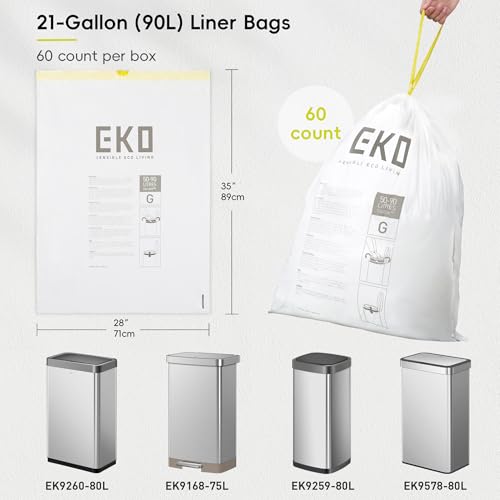 Image of EKO 21 Gallon / 50-90 Liter, 60 Count Drawstring Trash Bags, Extra-Strong Garbage Bags, Lemon Zest Scent with Continuous Odor Control, Easy-Dispense Roll for Kitchen and Household Use, Code G, White