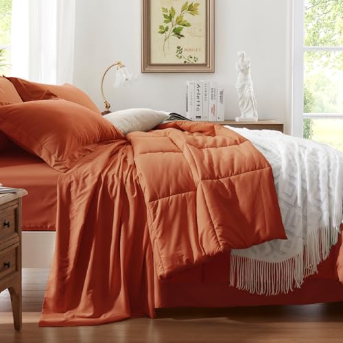 Anluoer Queen Comforter Set 7 Piece, Burnt Orange Bed in a Bag with Sheets, All Season Terracotta Bedding Comforter Sets with 1 Comforter, 2 Pillow Shams, 2 Pillowcases, 1 Flat Sheet,1 Fitted Sheet