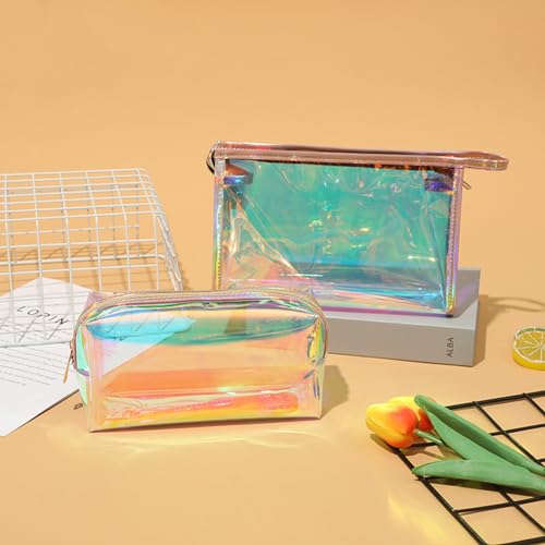 Desuibao Iridescent Holographic Makeup Bag with Portable Handle, Travel Clear Toiletry Bag, Lipstick Cosmetic Pouch - Image 2