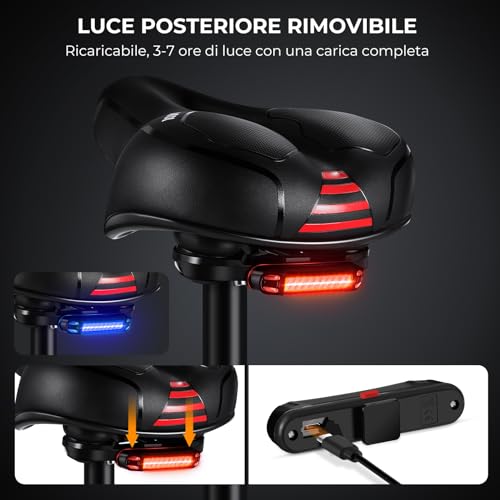 Youngdo Sella Bici Comoda, Sella Bici Con Luce Posteriore, Sellino Bici Morbido, Ergonomica, Uomo Donna Sella Bicicletta, Impermeabile, Per Cyclette/City Bike/Montain Bike/Ebike - 2