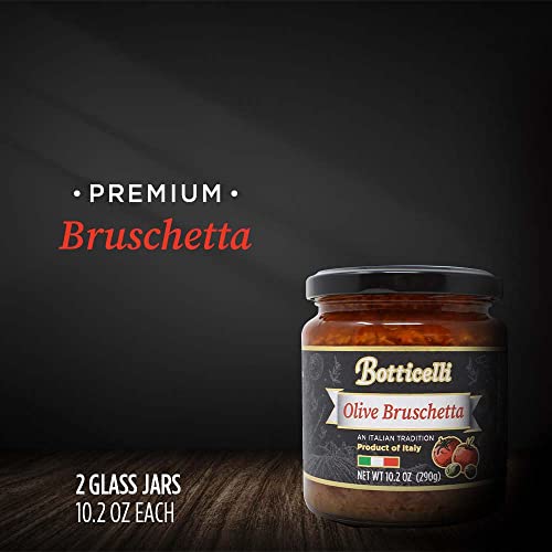 Olive Bruschetta by Botticelli, 10.2oz Jars (Pack of 2) - Premium Italian Appetizer - Gluten-Free - Green & Black Olives, Onions, Sundried Tomatoes, and Olive Oil