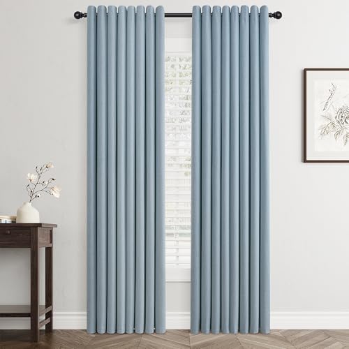 Jowels Blue Linen Grommet Blackout Curtains 80 Inches Long for Bedroom