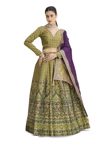 PURVAJA Women's Kanjiwaram Semi-Stitched Lehenga choli (Zahira-Mehndi_Free Size)