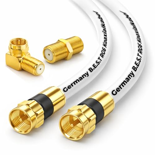 SAT Antennenkabel Koaxialkabel 135 dB Class A+ – Digital HDTV / 4K / 3D / UHD – vergoldet – 1× 90° Winkelstecker & 1x F-Verbinder inkl. – Satellitenkabel für Receiver, Router & Modem (15 Meter, Weiß)