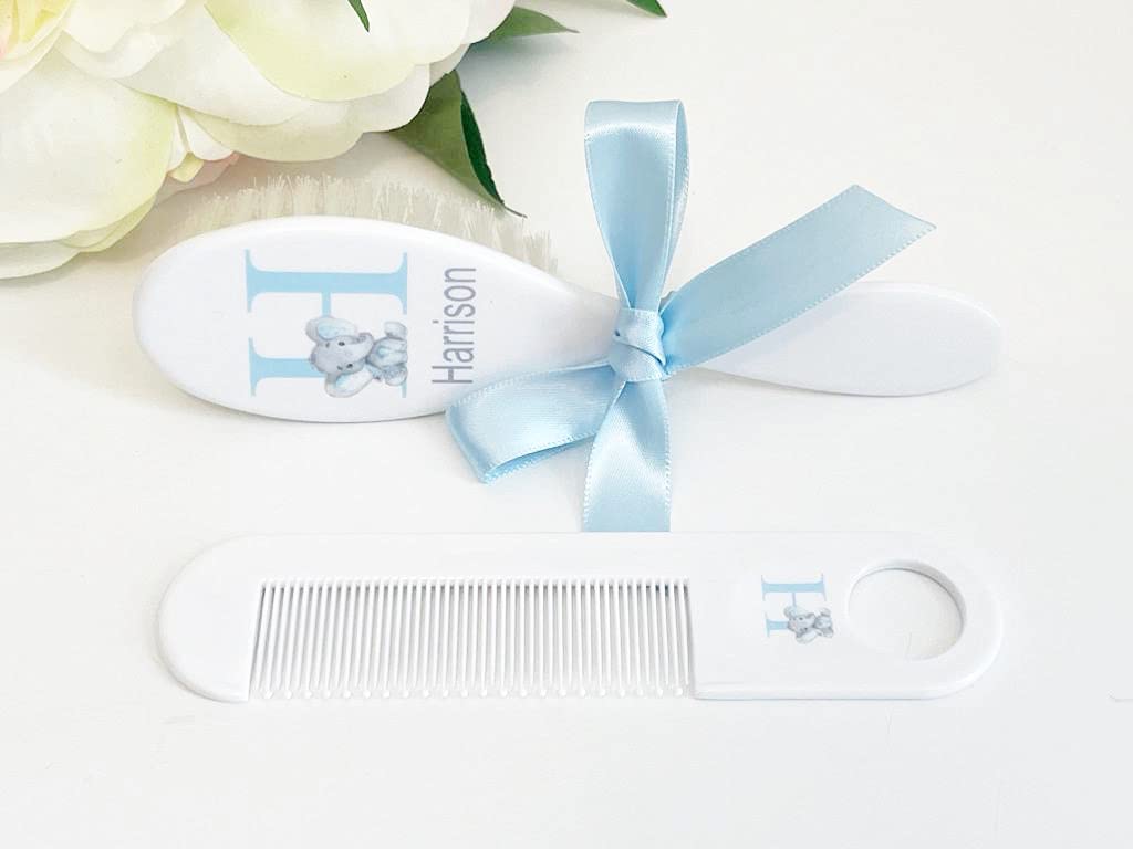 Personalized Boys Baby Brush and Comb Set, Elephant Boy Gift, Custom Babies Gifts for Newborn Boys. ECO Friendly Inks.