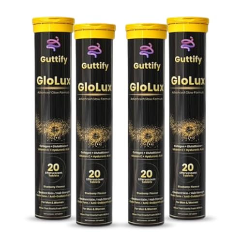 Image of L-Glutathione 500mg Effervescent Tablets | Supports Skin Whitening, Glow & Anti-Aging | Hyaluronic Acid + Vitamin C + Vitamin E | Sugar-Free Skin Brightening Supplement for Women | Pack of 4 | (Glolux Blueberry)