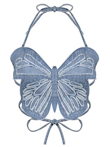 DIGUCFH Butterfly Jeans Crop Top Backless Strap Camis Sexy Blue Cute Party Felpe Donne Beach Holiday Mini Vest Summer Tee-Blue,Taglia Unica