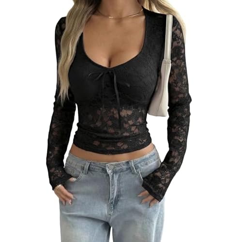 LOMON Women's Lace Long Sleeve Tops Going Out Mesh Shirt Sexy Bow Y2K Slim Fit Club Outfits