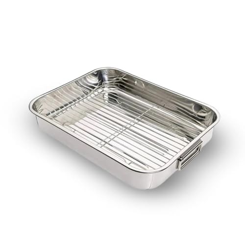 KMF SUPPLIES Pack of 1 Stainless Steel Roaster Tin with Handles- Removeable Grill, Roasting Tray for Baking, Cooking & Grilling, Roasting Dish Easy to Clean (Small)