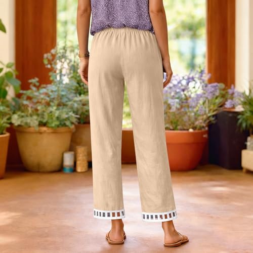 Image of Linen Pants Women Petite Straight Leg Pants Summer Beach High Waisted Pant Vacation Wide Leg Trousers with Pockets