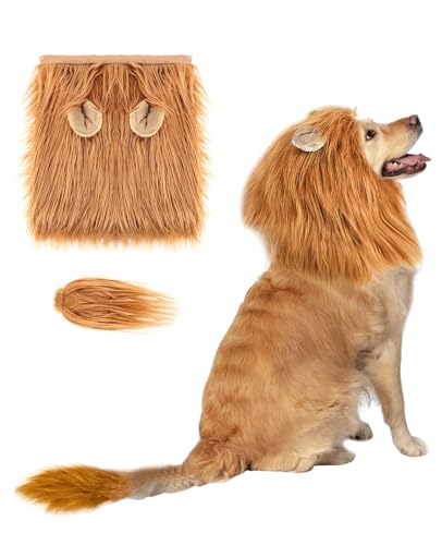 Donvuka Hundekostüm Löwenmähne Hund mit Schwanz, Verstellbare Hundekostüm Halloween für Halloween, Weihnachten, Party, Aktivität, (Größe L, Hellbraun)