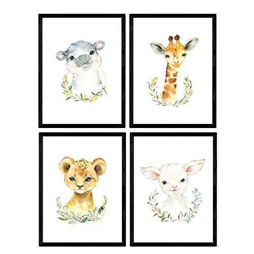 Pack de Cuatro láminas con Ilustraciones de Animales. Posters con imágenes Infantiles de Animales....