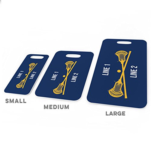 ChalkTalkSPORTS Guys Lacrosse Luggage & Bag Tag | Personalized Text with Crossed Lax Sticks | Standard Lines on Back | Small | Navy/Gold3