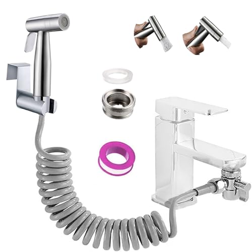Bidet Shower Kit,Dual Function Nozzle Stainless Steel Home Handheld Bidet Baby Toilet Set with Faucet Spray, Hose and Fitting, Perfect for Washing Hair or Wash Basin (Silver)