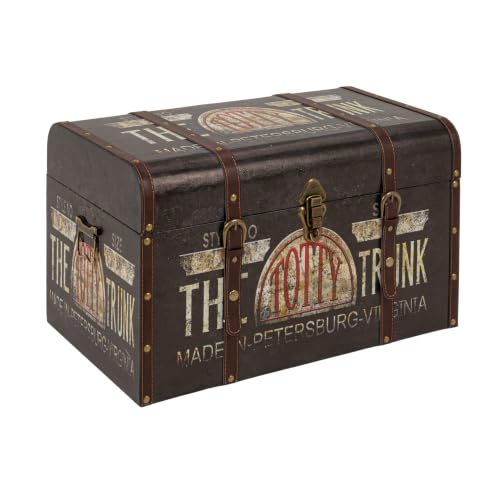 Household Essentials Large Decorative Storage Trunk with Vintage Decoupage, Leather and Metal Accents, Green and Black Finish