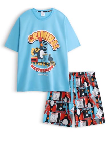 Vanilla Underground Wallace and Gromit Feathers McGraw Mens Sky Blue Short Sleeve Pyjama Set | Wanted Poster Graphic Print Nightwear | Crew Neck Sleepwear