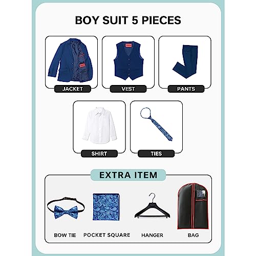 Marvelous World Boys' Suits Slim Fit 5 Pieces Adjustable Waist Boys Formal Suit Set Blue #TOP2