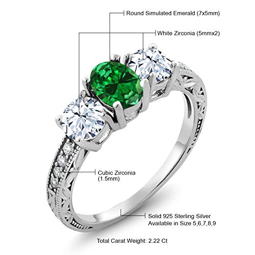 Gem Stone King 925 Sterling Silver Oval Green Simulated Emerald Ring For Women (2.22 Cttw, Available In Size 5,6,7,8,9) #TOP6