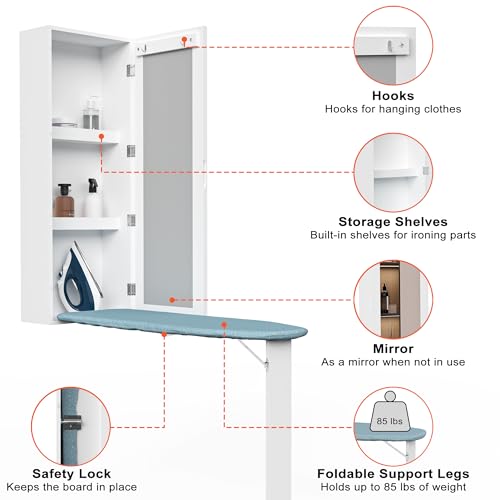 Organizedlife Wall Mounted Ironing Board Cabinet with Iron Storage, Built in Ironing Center, Hanging Ironing Board for Laundry, Folding Leg & Mirror