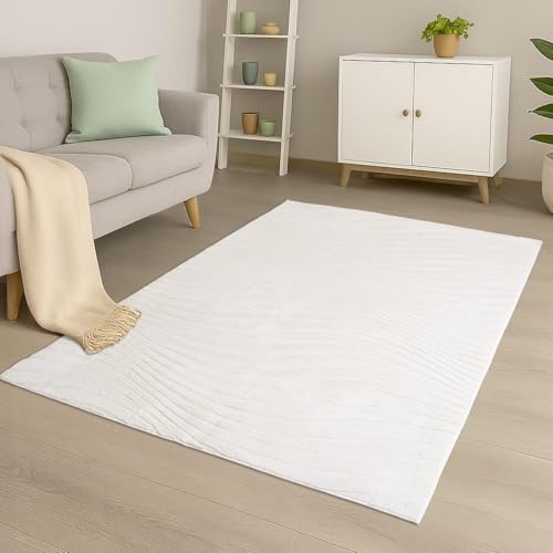 carpet city Teppich Wohnzimmer Kurzflor - 120x170 cm in Weiß/Ivory - Modernes Wellen-Muster in 3D-Optik - Weich & Soft-Touch Haptik - Pflegeleichte Teppiche für Schlafzimmer & Flur