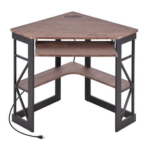 VECELO Corner Desk, Triangle Computer Desk for Small Space with Charging Station and Keyboard Tray, Corner Makeup Table with Storage Shelves for Home Office Bedroom, 41x30, Rustic Brown
