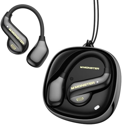 Monster Open Ear AC390 Headphones, Bluetooth 6.0 Earbuds with Stereo Sound, Wireless Headphones 24H Playtime, IPX5 Waterproof, Rotating Charging Case with Lanyard, Ultra-Light Open Ear Earbuds Black