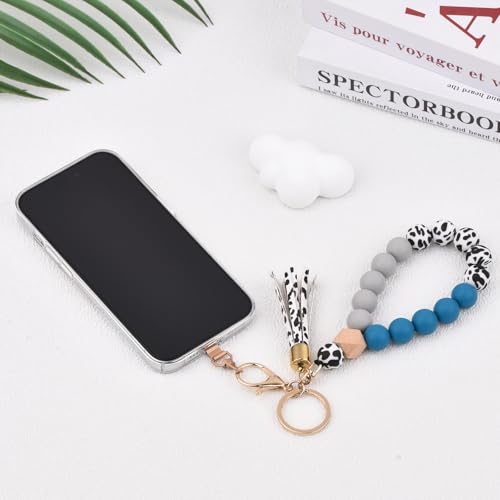 Image of BAOSIWA Silicone Key Ring Bracelet Wristlet Keychain Unique Beaded Bangle Key Chains for Women with Leather Tassel