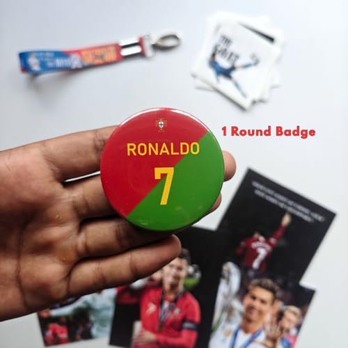 Image of TenorArts Cristiano Ronaldo Gift Box Merchandise for Fans - 5x7 Inches Laminated Photo Frame,1 Ronaldo Keychain, 1 Badge, 4 4x6 inches Sized Posters, Multi sized Players Stickers - 5 items in 1 Box | Perfect for Gifting Football Fans