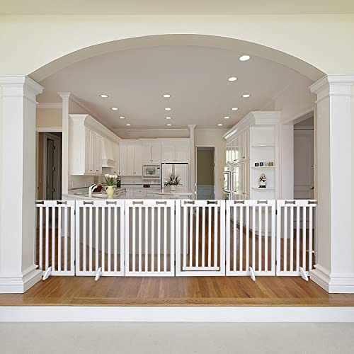 Arf Pets Freestanding Dog Gate With Door, 6 Panel 360° Configurable Wooden Fence, 120" Wide, 31.5" Tall, Foldable, Four Support Feet Included, For The House - Indoor Use #TOP20