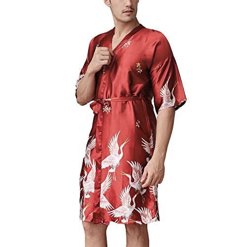 Lu's Chic Men's Luxury Short Sleeve Kimono Robes Silk Crane Satin Loungewear Soft Nightwear Red Us L (Tag3Xl) #TOP26