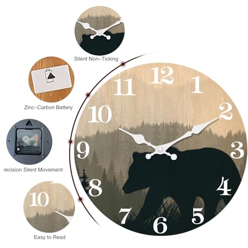 Image of XFM Large Cabin Bear Wall Clock Battery Operated 24 Inch Silent | Non-Ticking Forest Wildlife Battery Operated Rustic Farmhouse Clock for Lodge Living Room Kitchen Office