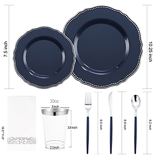 Hioasis 175Pcs Blue Plastic Plates&Silver Plastic Silverware With Blue Handle Include 25Dinner Plates,25Dessert Plates 25Knives,25Forks,25Spoons,25Cups,25Napkins For Independence Day&Weddings&Party #TOP5