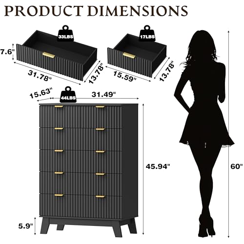 Image of BORNOON 46 inch Tall Dresser for Bedroom, 6-Drawer Fluted Chest of Drawers, Modern Wood Highboy with Deep Storage, Metal Slides and Handles, Anti-Tip Kit, Vertical Clothes Organizer for Apartment, Nursery