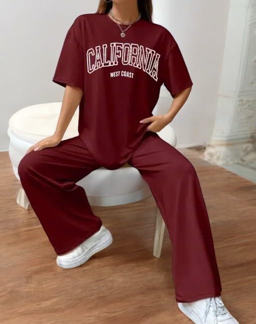 Image of My Swag Women Casual T-Shirt & Trouser Co-Ords Set Half Sleeve Loose-Fit Summer Cord Set 2 Piece Black Outfit Pajama Set for Women & Girls