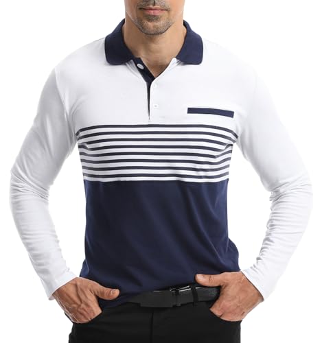 Image of Suwangi Mens Polo Long Sleeve Casual Shirts Long Sleeve Polo Collar Shirt Color Block Striped T-Shirt Blue